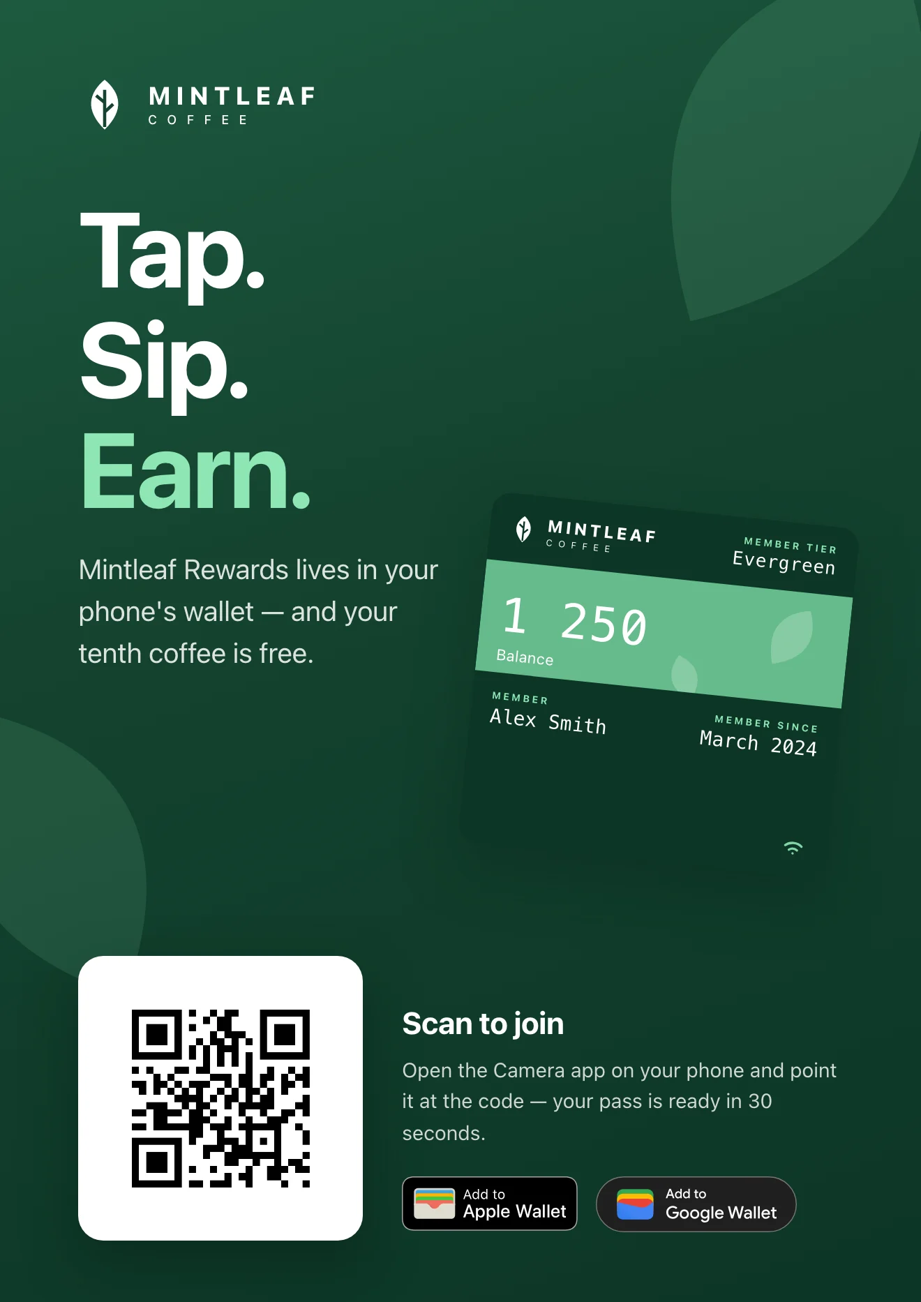 Mintleaf Rewards A3 poster mockup with the headline Tap. Sip. Earn., a phone showing the pass, a QR code with a scanning instruction, and the Add to Apple Wallet badge