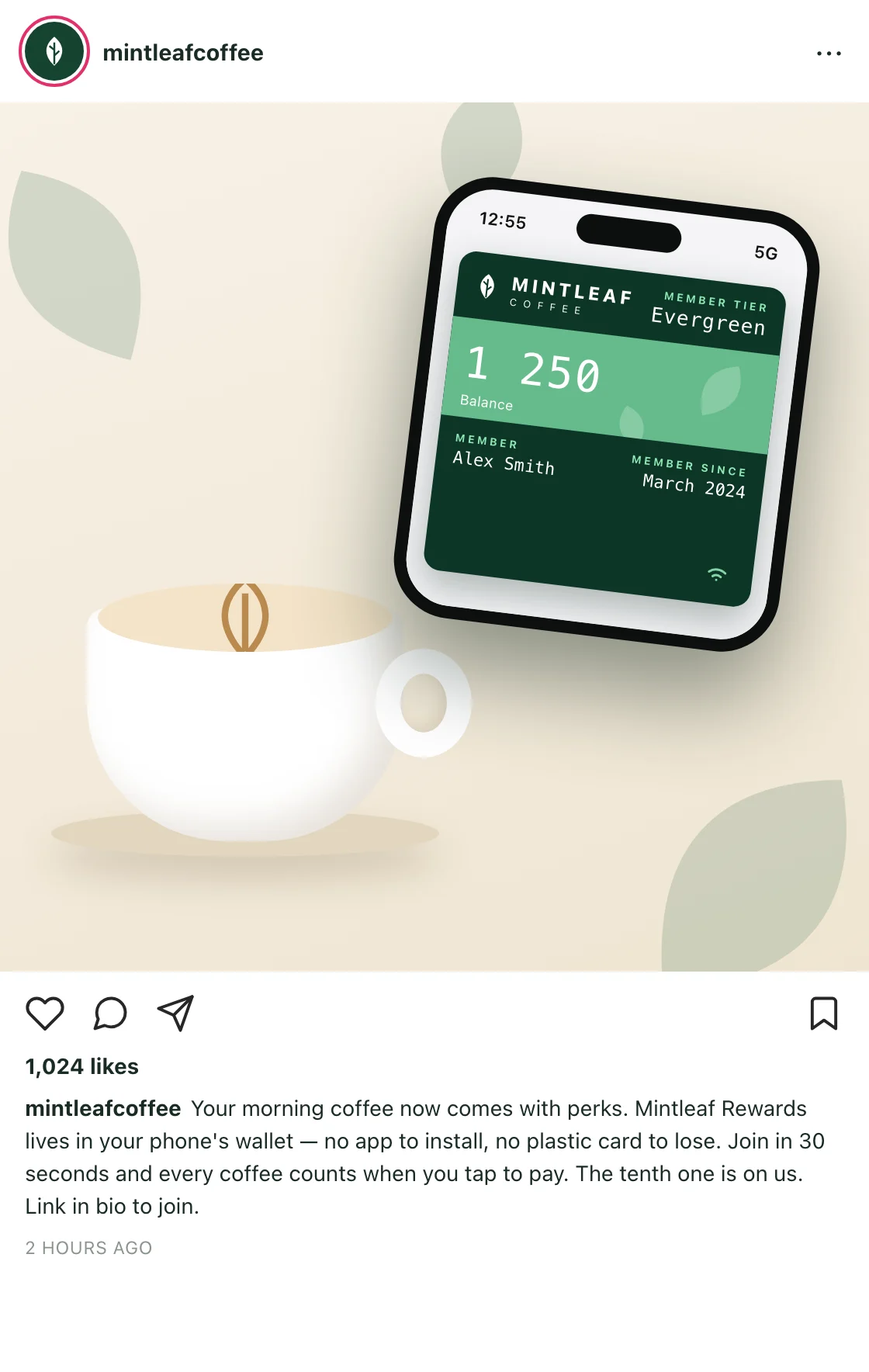 Mintleaf Rewards Instagram announcement mockup: a phone showing the green Mintleaf pass held over a latte, with the caption beneath