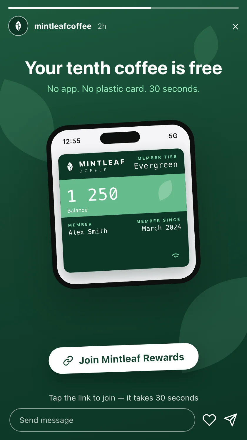 Mintleaf Rewards Instagram story mockup with a Join now link sticker over a photo of the pass on a phone