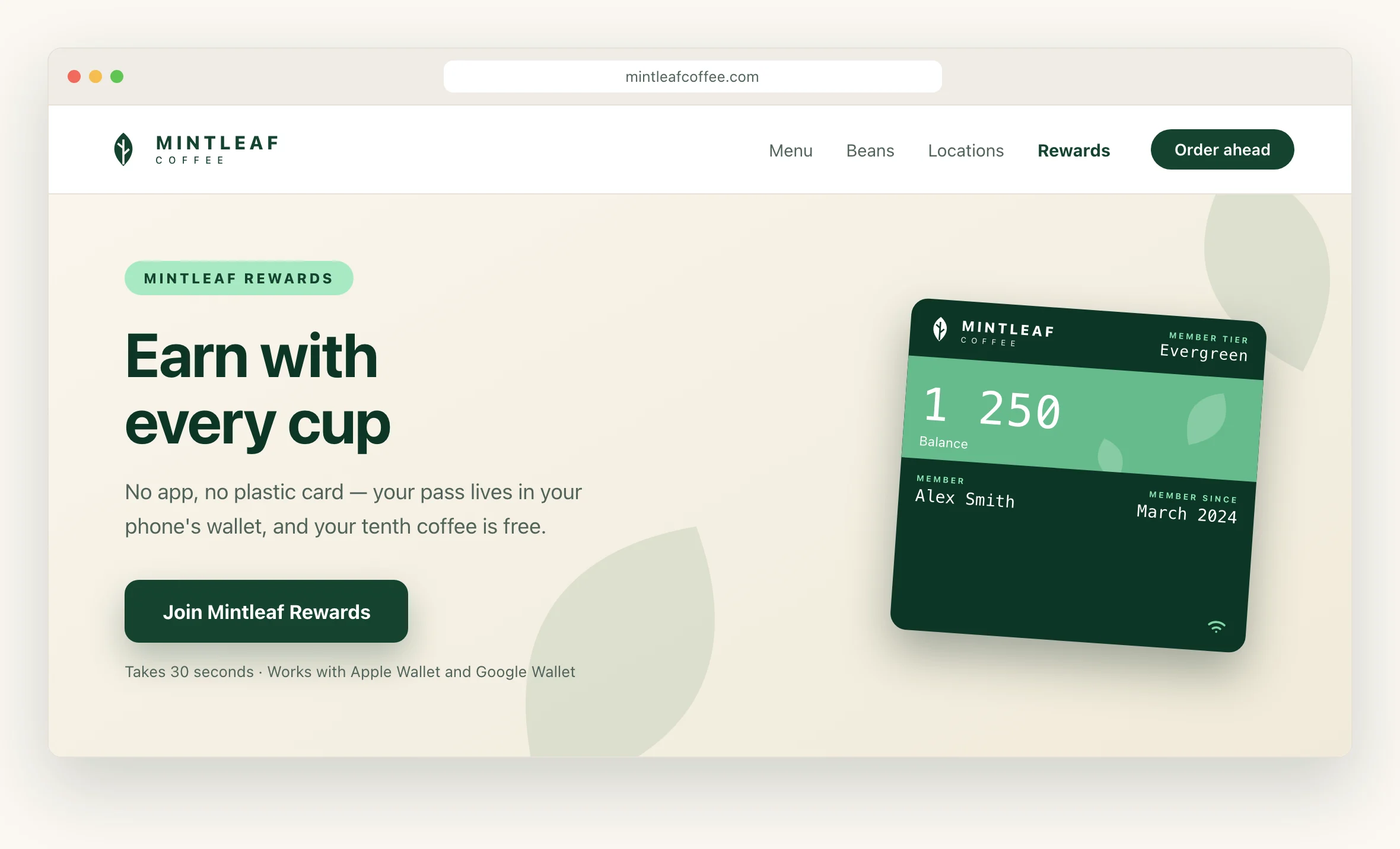 Mintleaf Coffee homepage banner announcing Mintleaf Rewards with a Join now button