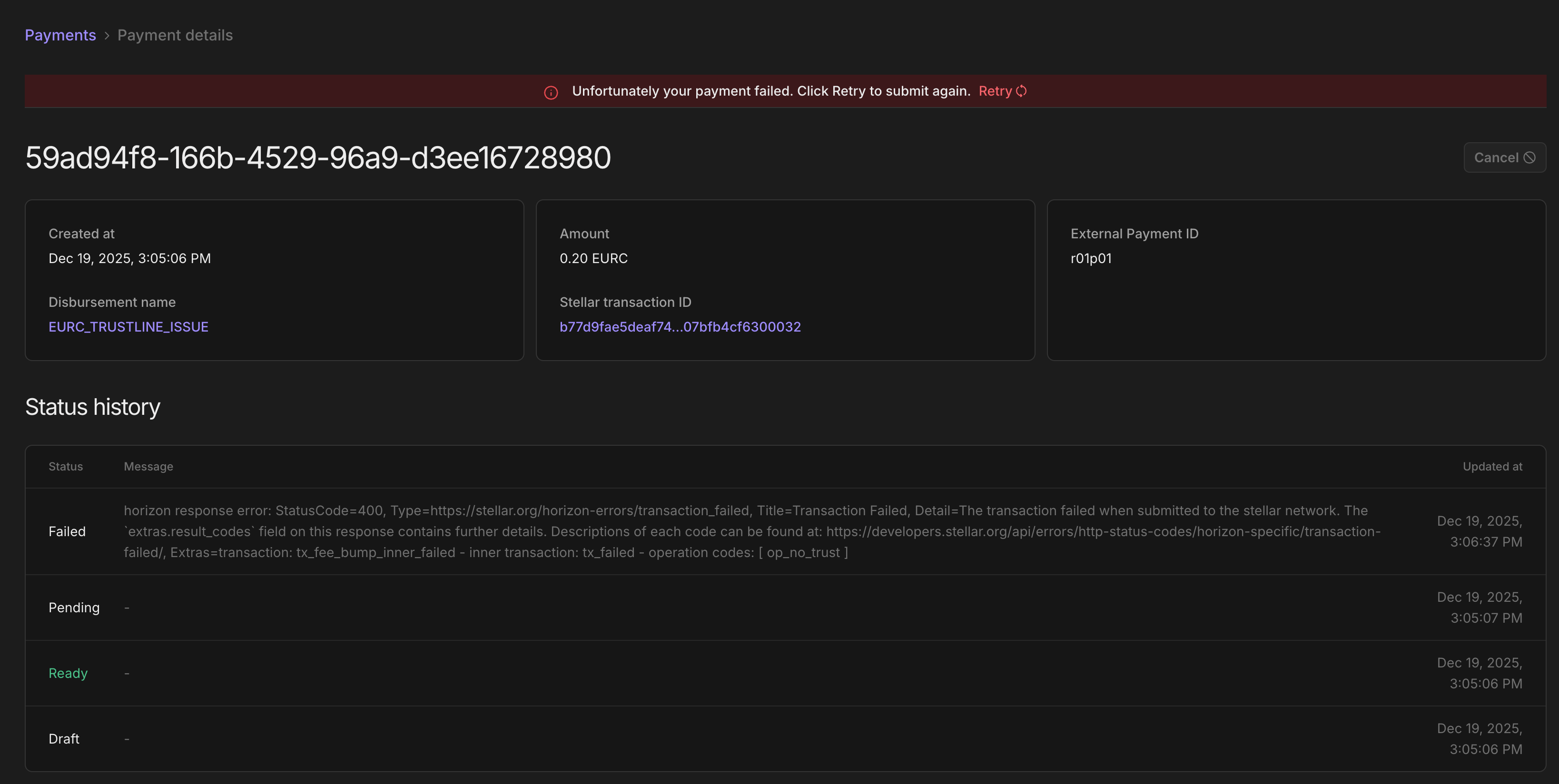 Payment Failed Error