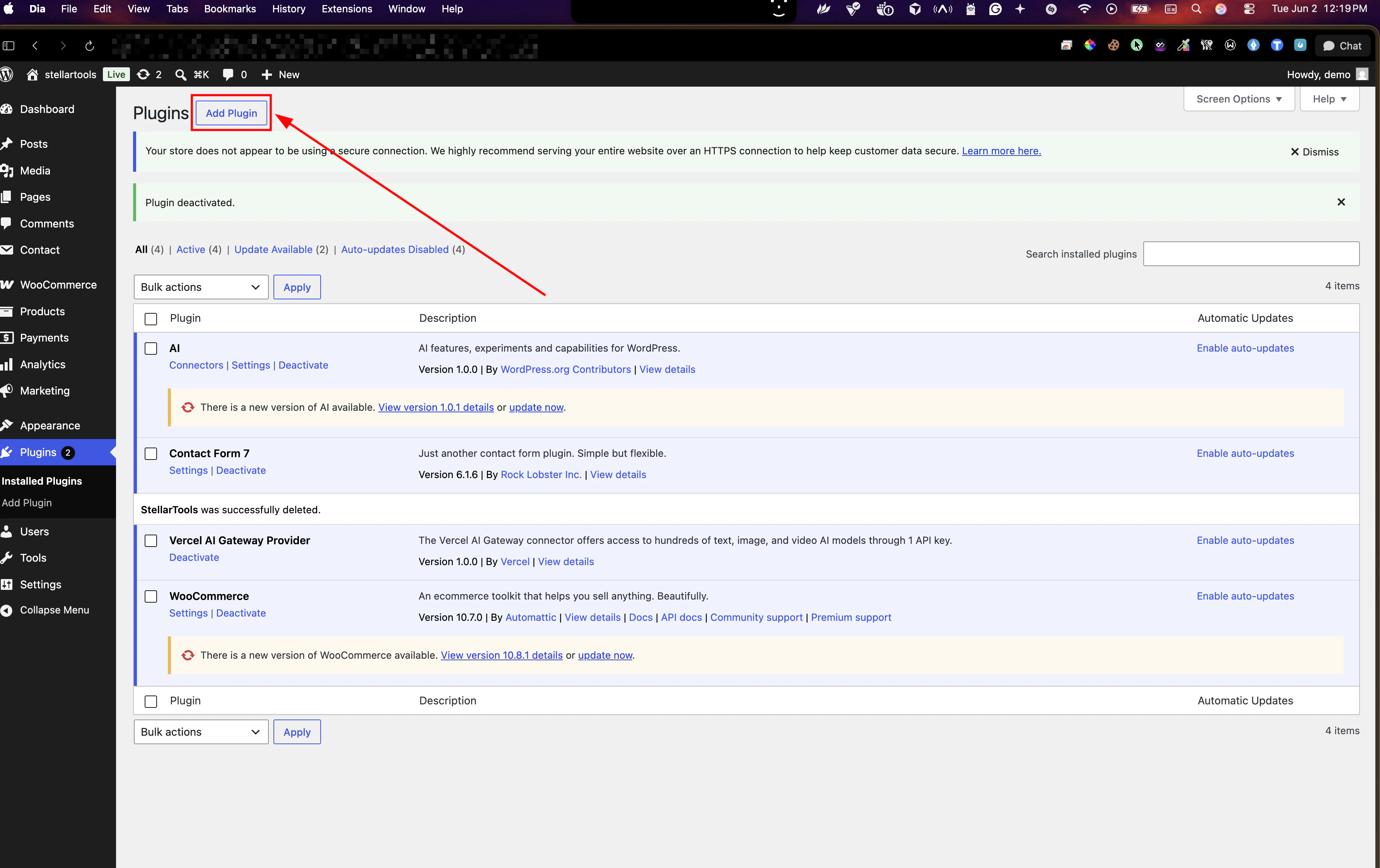 Plugins page with Add Plugin button highlighted