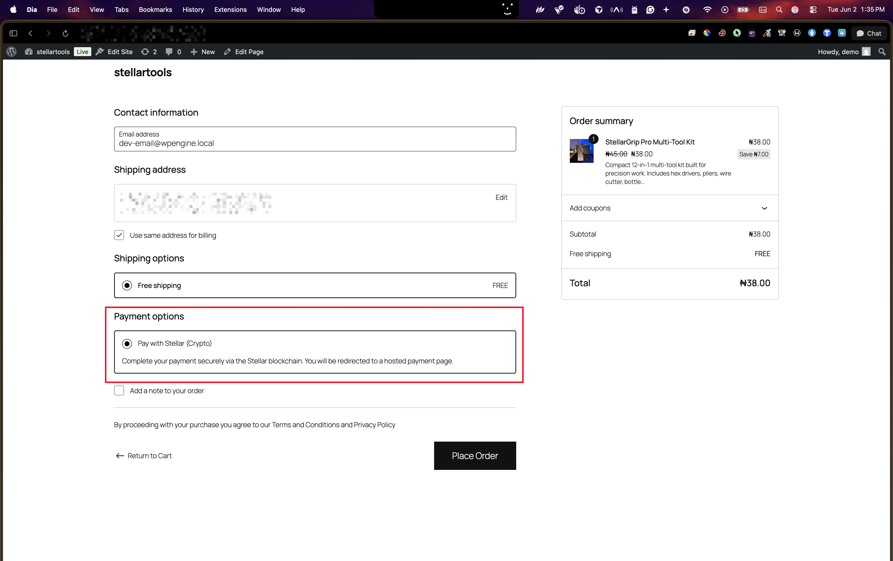 WooCommerce checkout page showing Pay with Stellar option selected