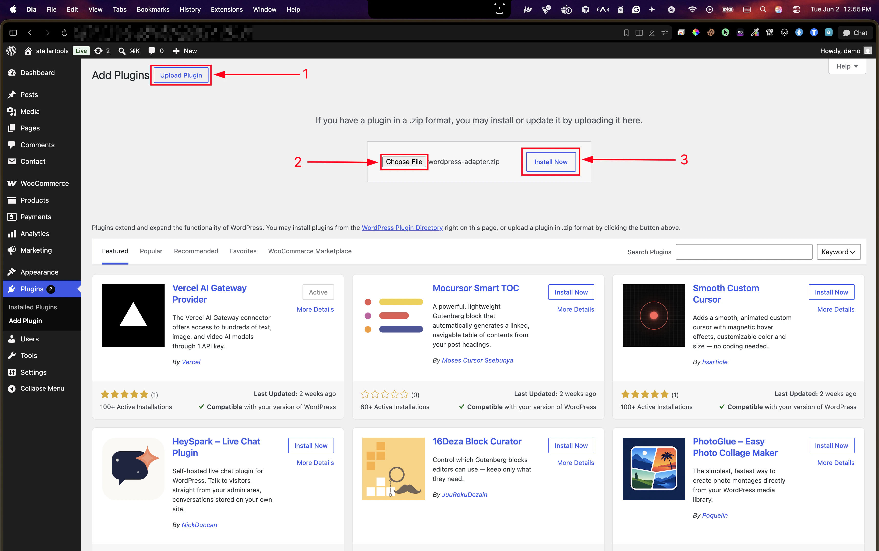 Upload Plugin form showing steps 1, 2, 3