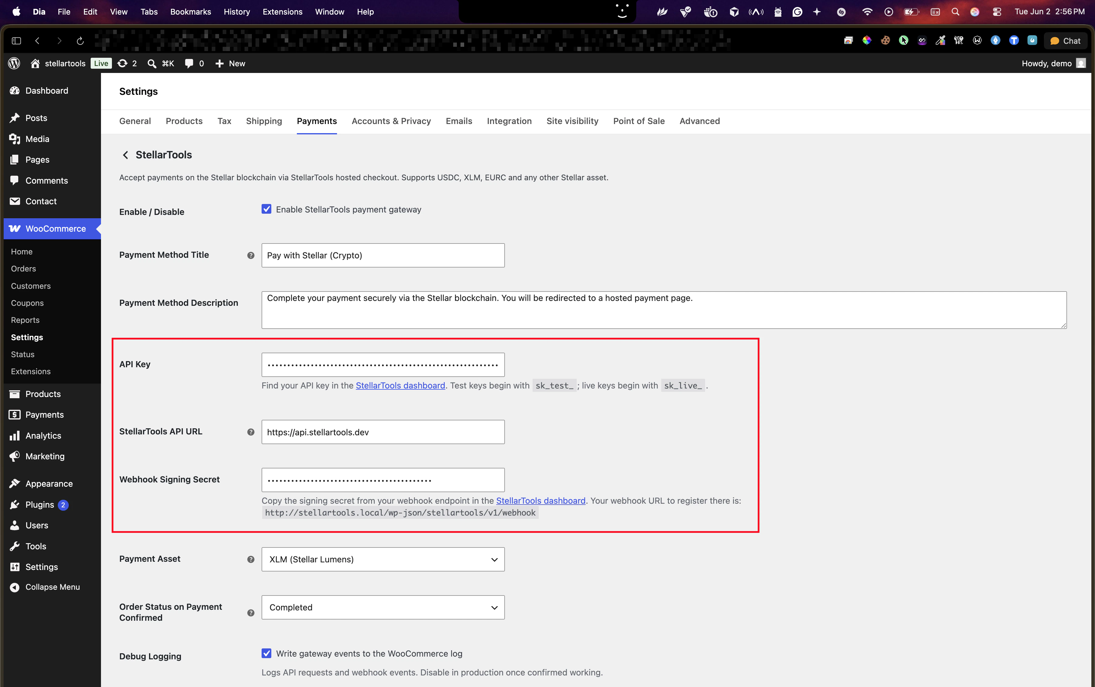 StellarTools gateway settings panel