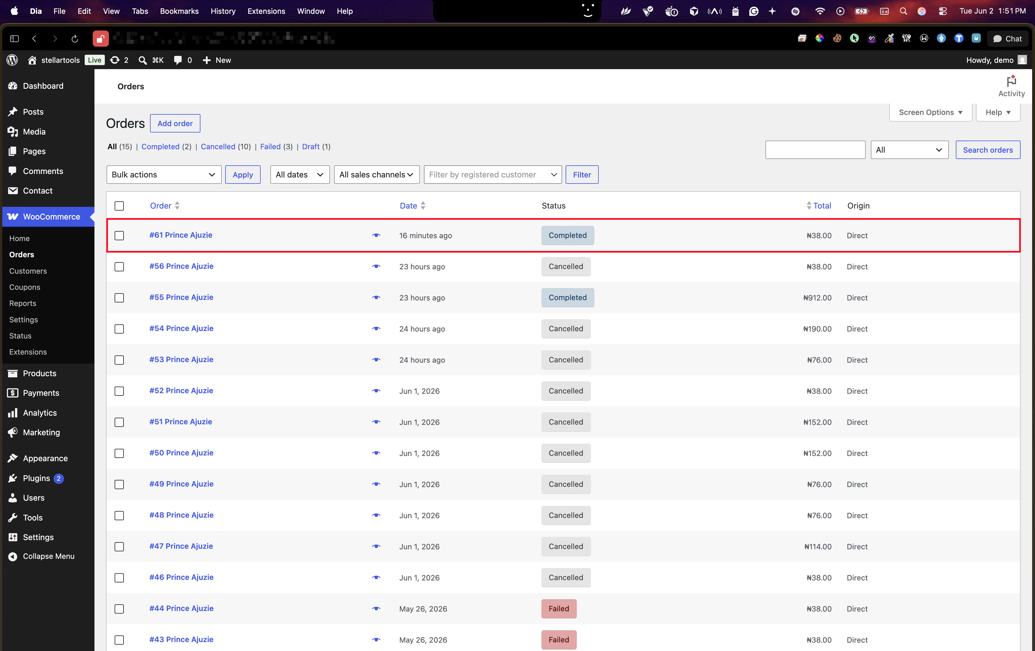 WooCommerce orders list showing order marked as Completed