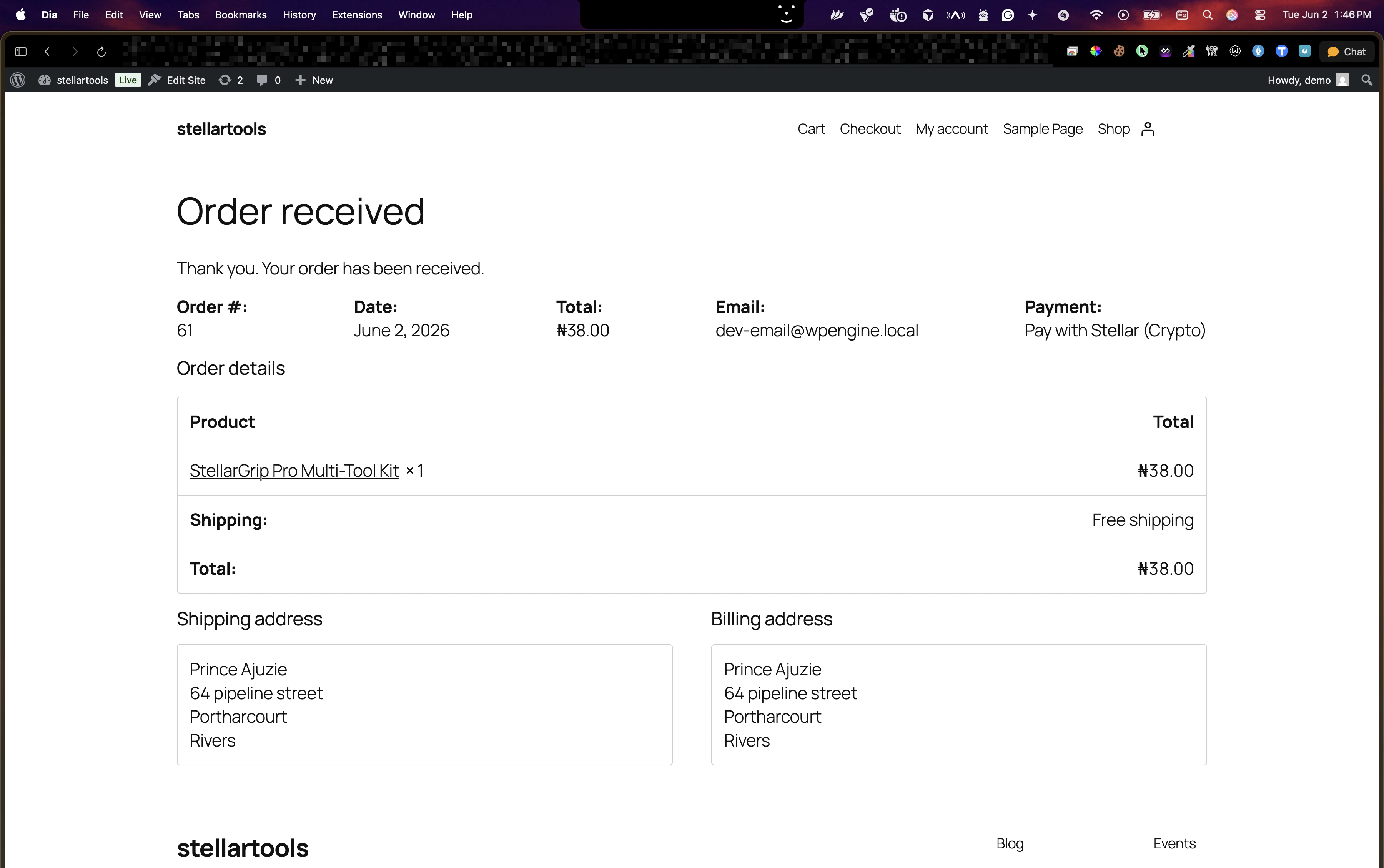 Order received confirmation page