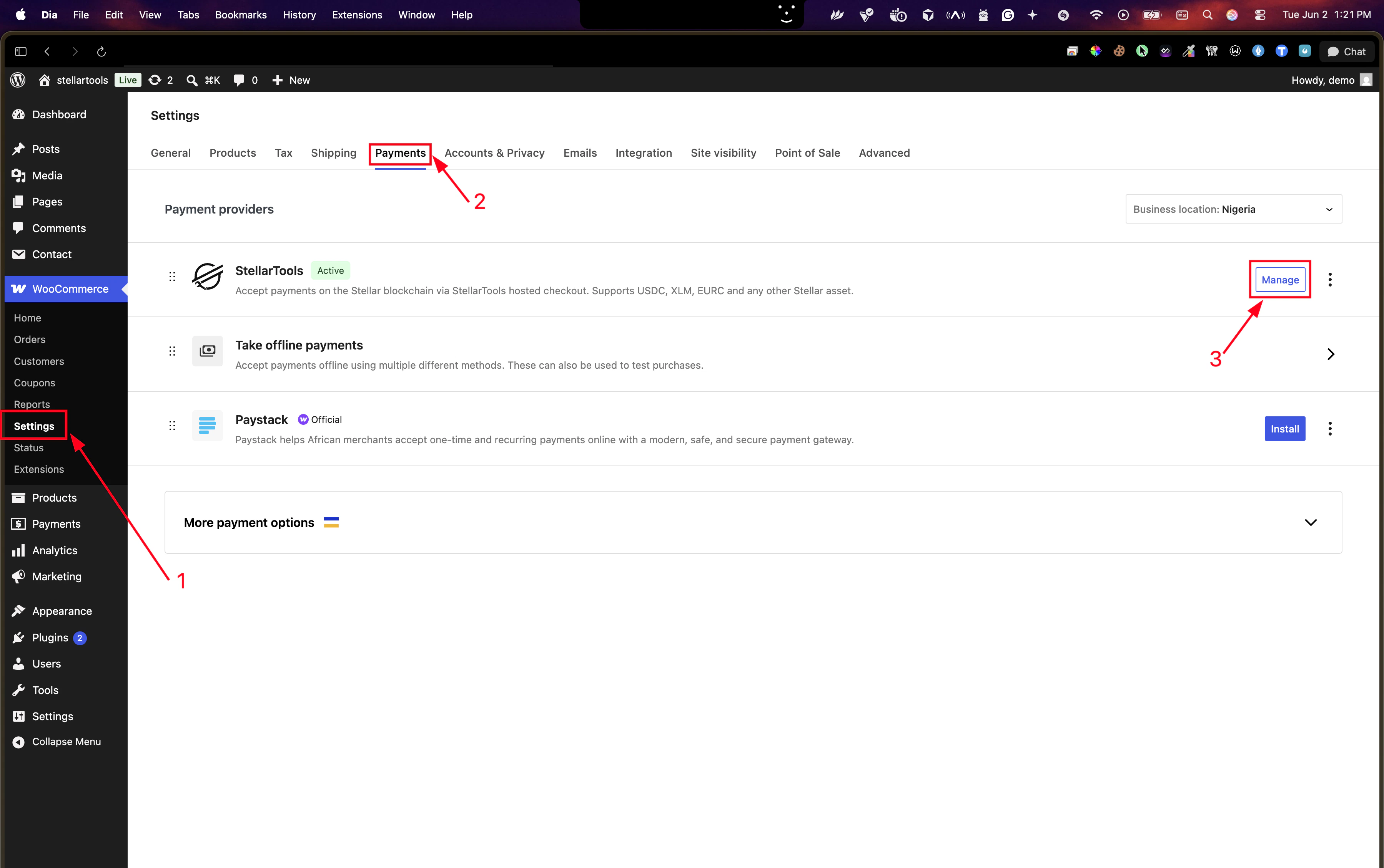 WooCommerce Payments tab with StellarTools active and Manage button highlighted