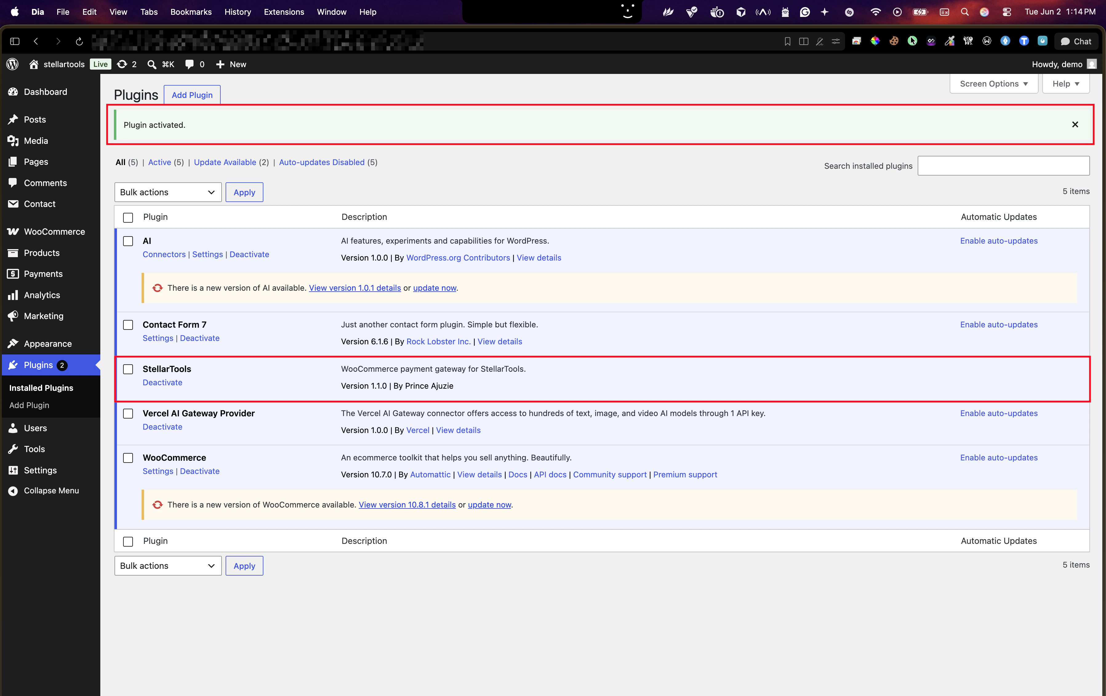 Plugins list showing StellarTools as active