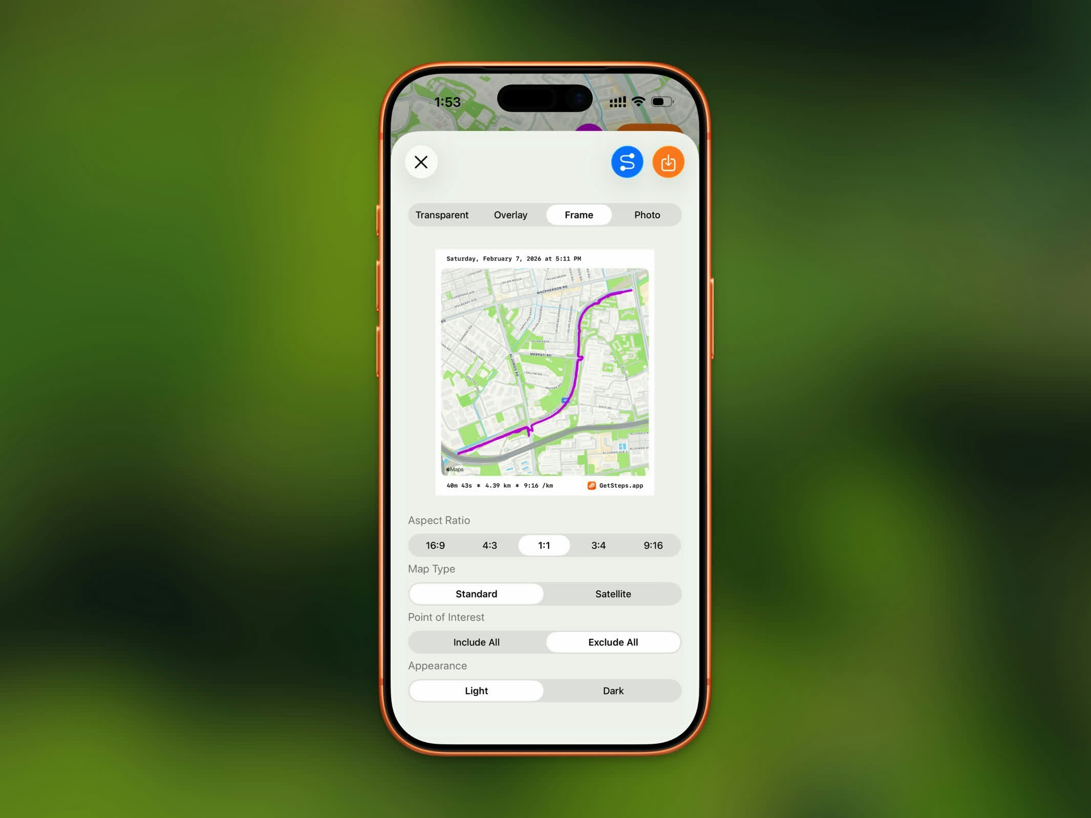 Frame share style - route map with bordered stats frame
