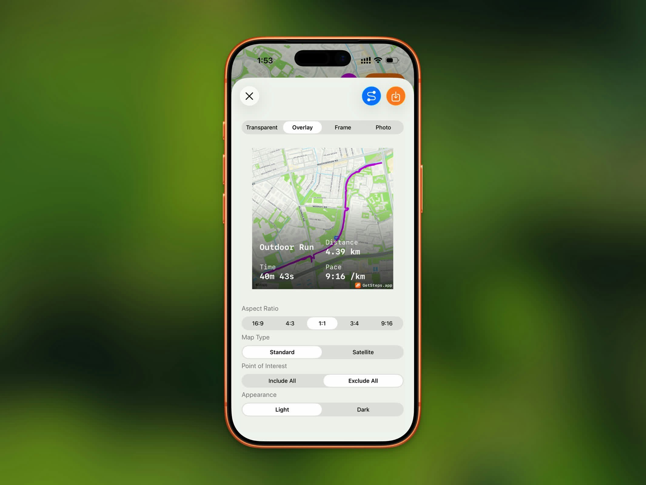 Overlay share style - stats overlaid on route map