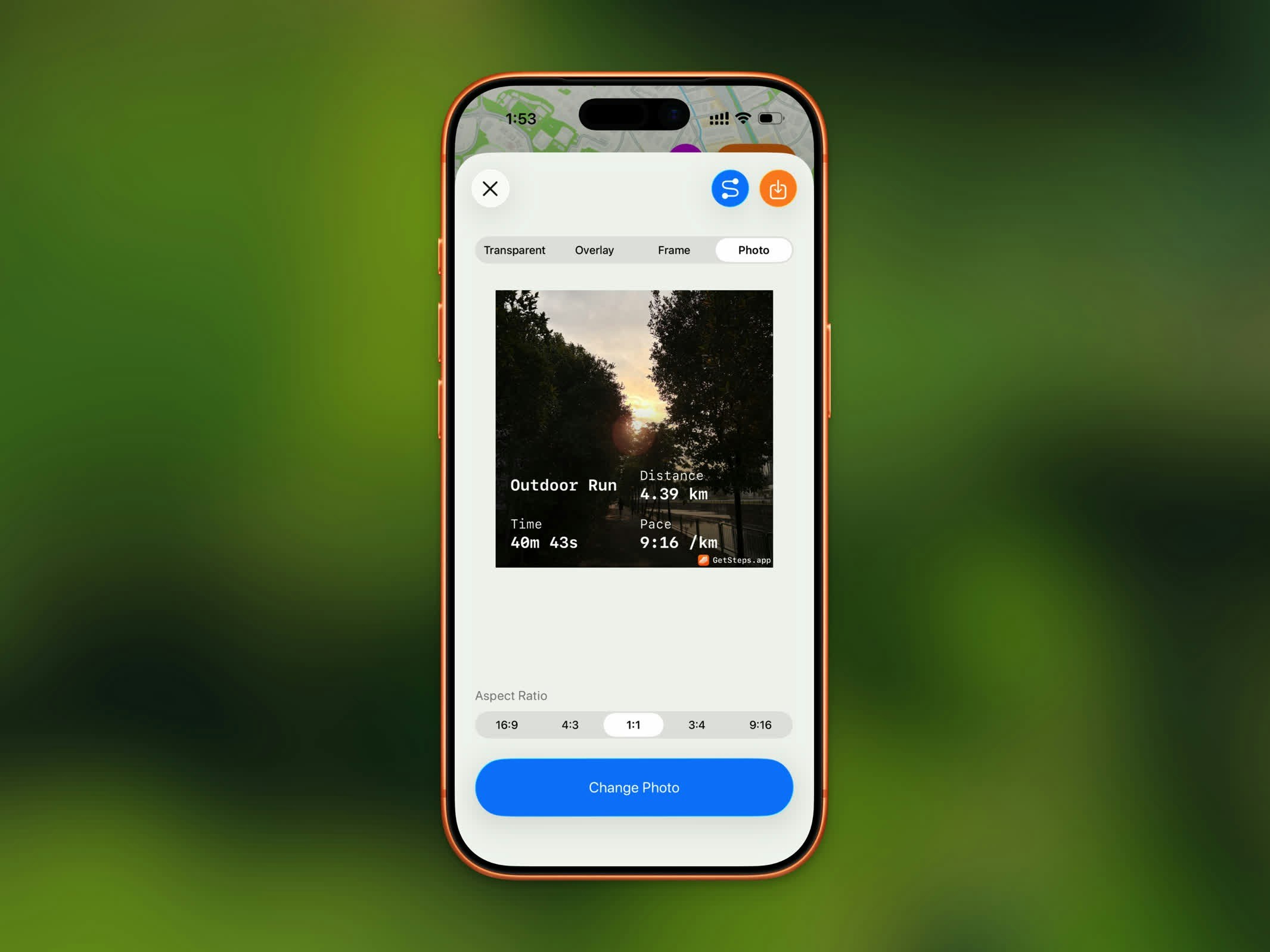 Photo share style - stats overlaid on a photo