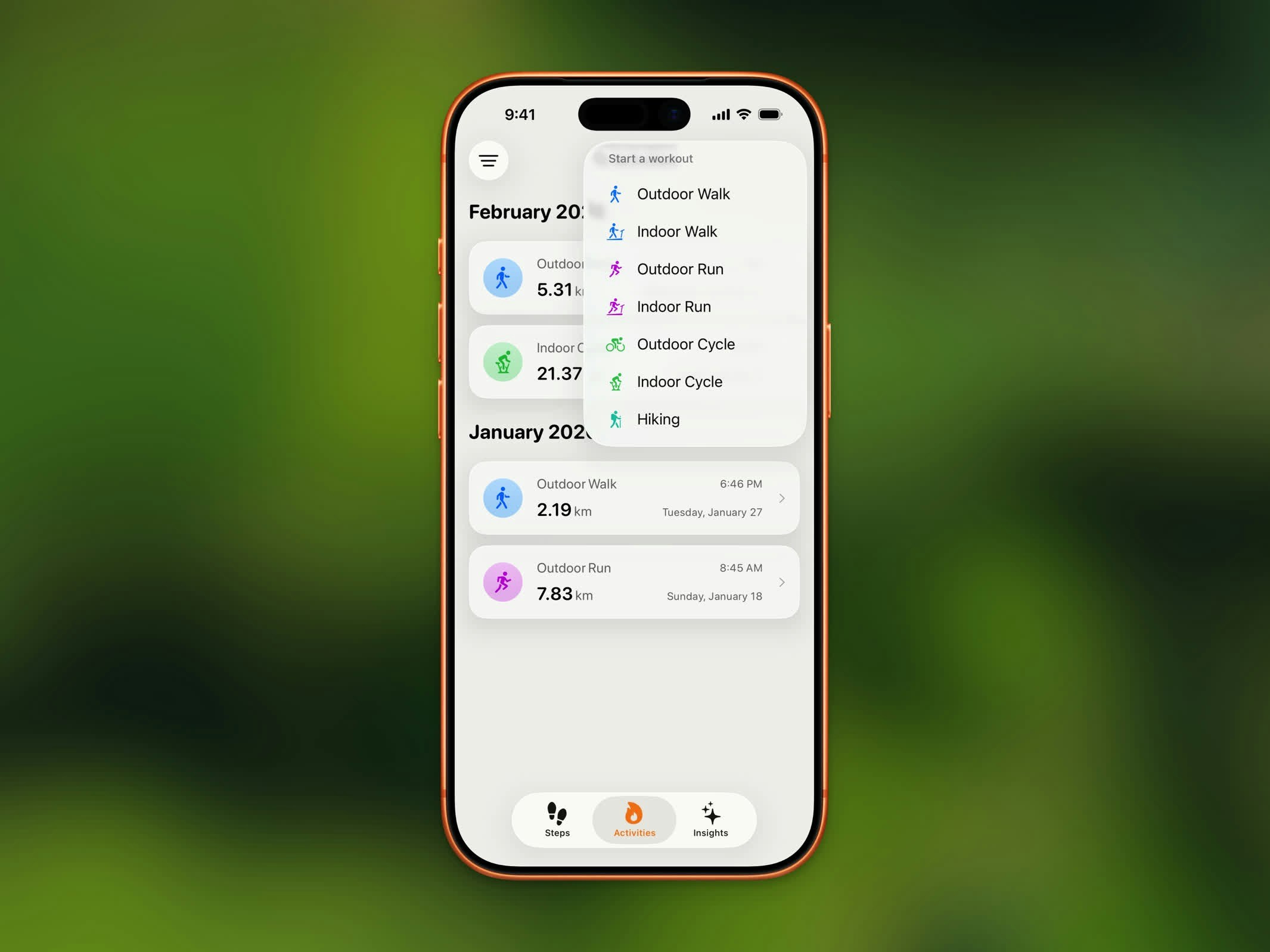 Workout type selection screen