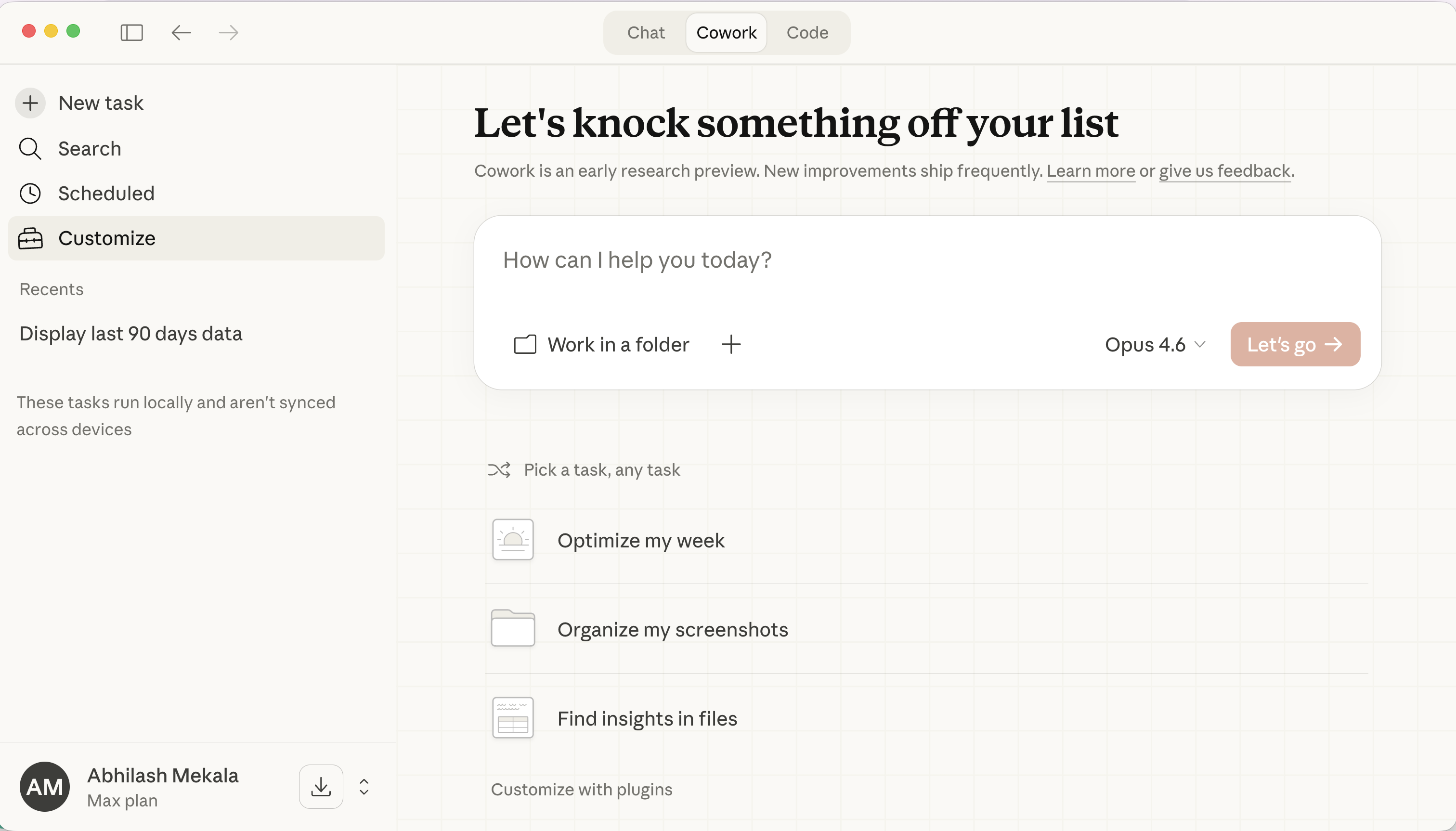 Claude desktop app with the Cowork tab selected