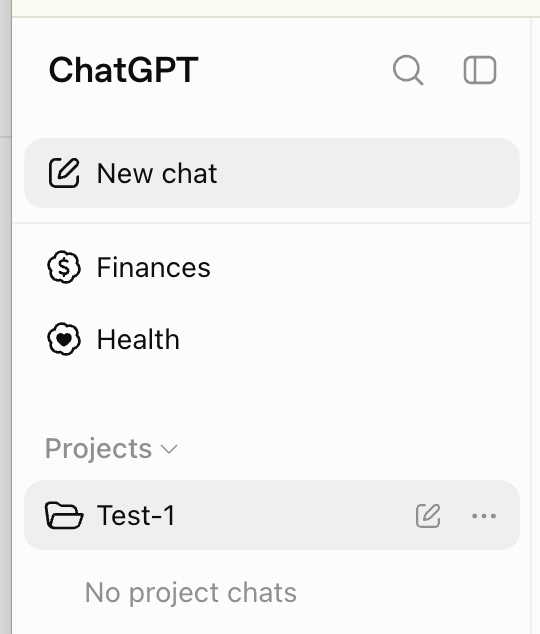 ChatGPT sidebar with the Projects section expanded and a project listed