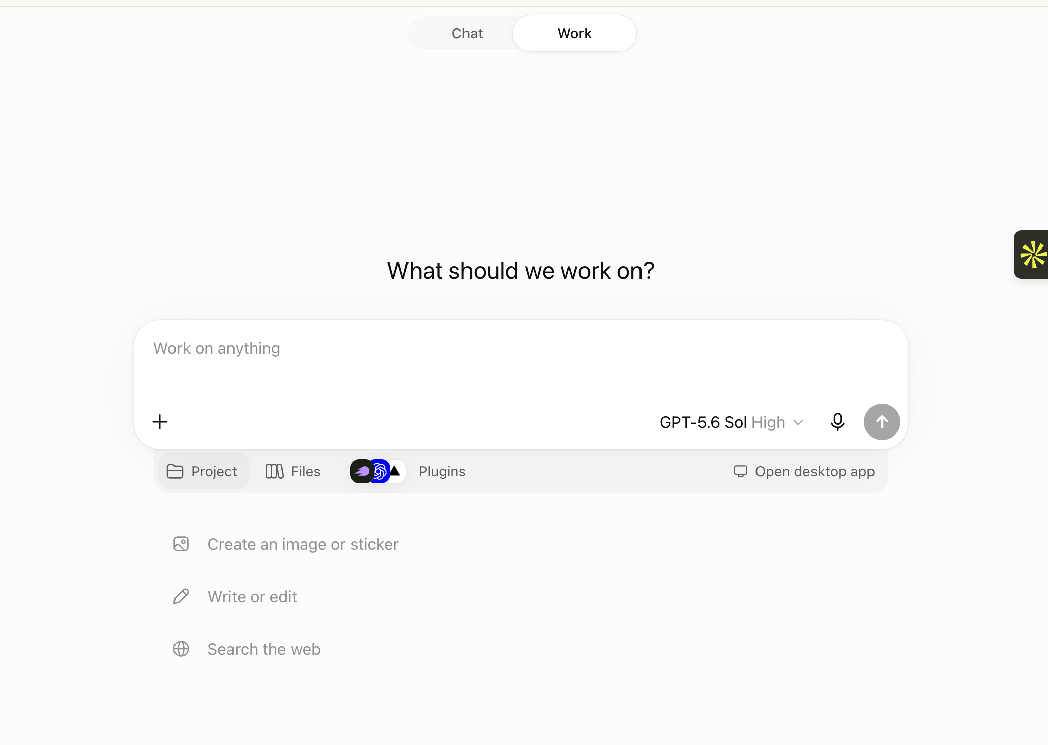 ChatGPT with the Work toggle selected, showing the Project, Files, and Plugins chips under the composer