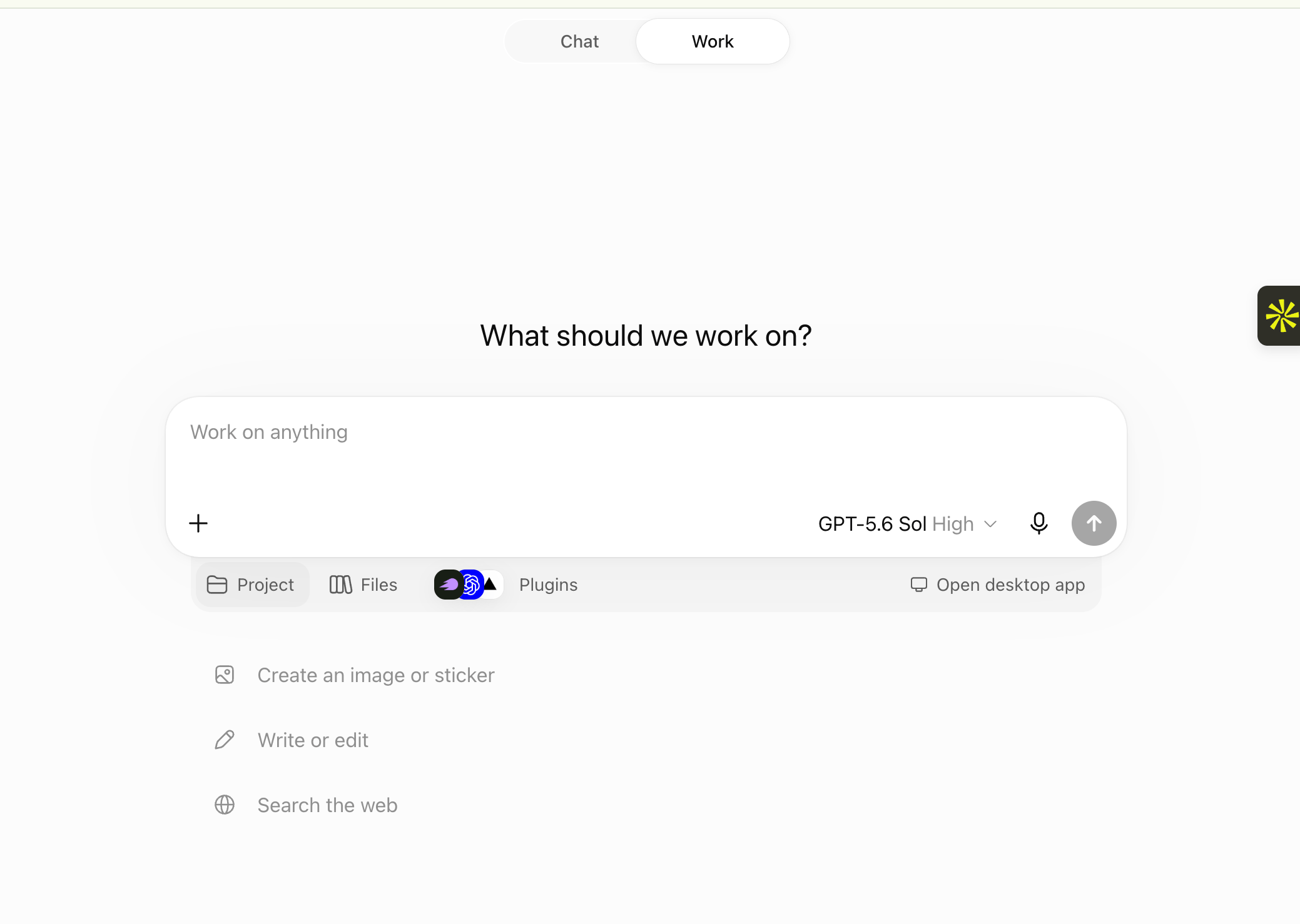 ChatGPT with the Work toggle selected, showing the Project, Files, and Plugins chips under the composer