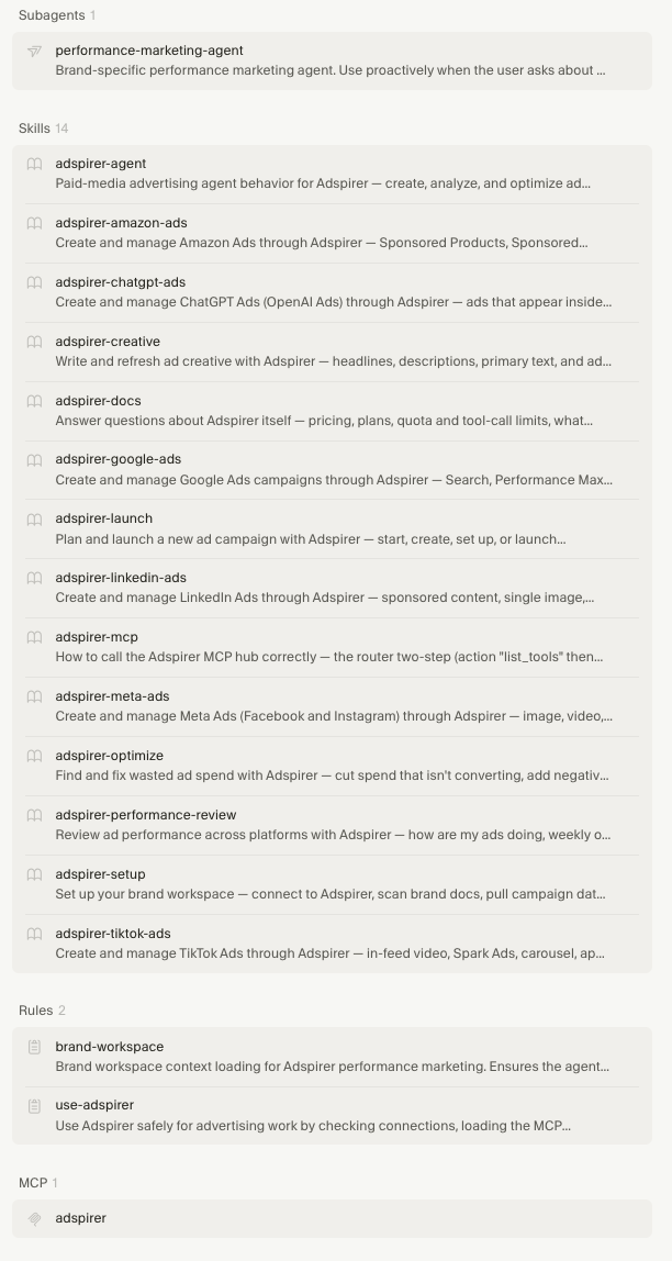 Cursor Marketplace listing for ADSMCP showing 1 subagent, 14 skills, 2 rules, and 1 MCP server