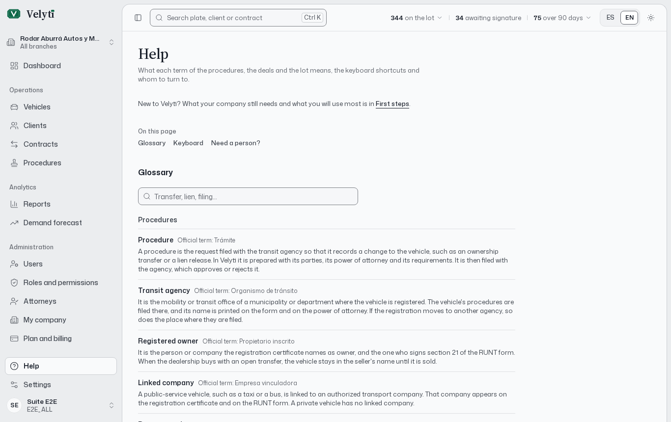 The same glossary inside the app, under Help.