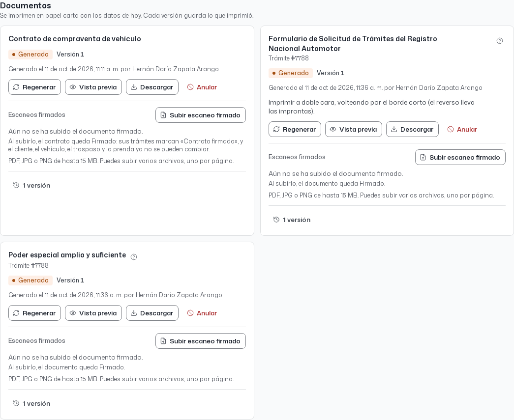 La sección Documentos de una compraventa.