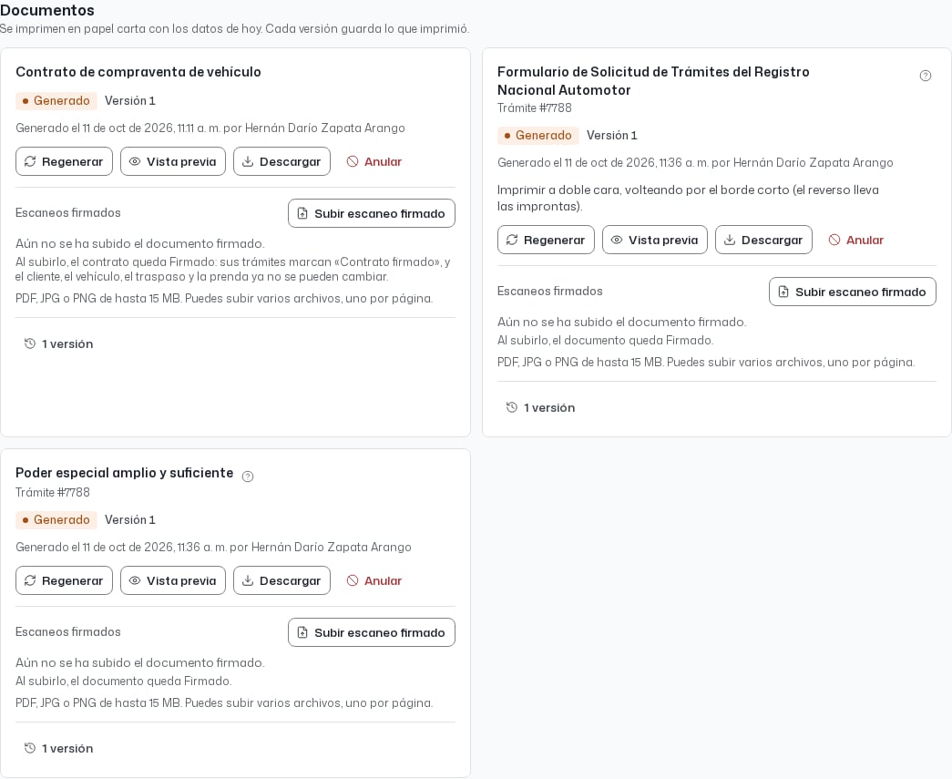 La sección Documentos de una compraventa.