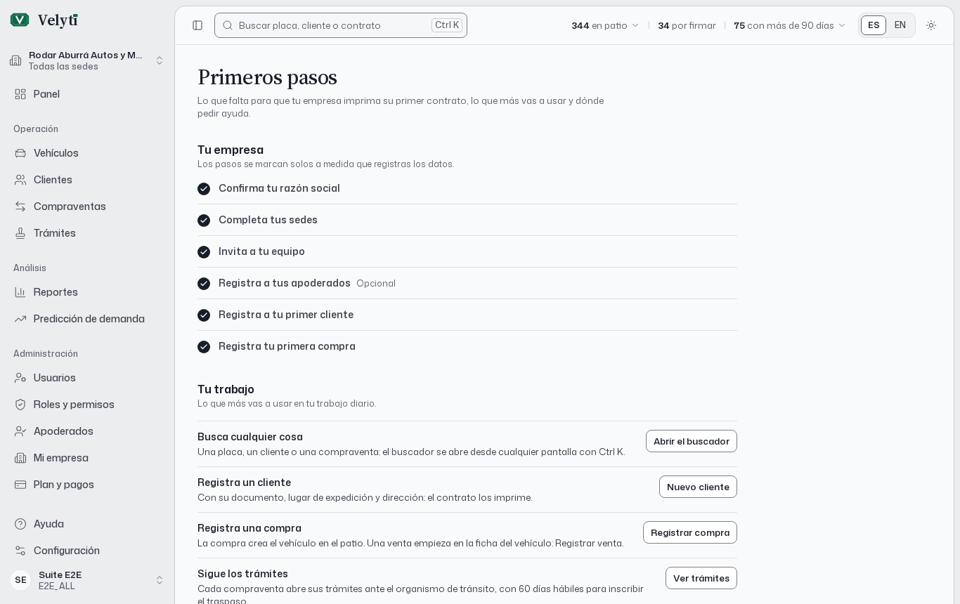 La página de Primeros pasos de una empresa que aún se está configurando.