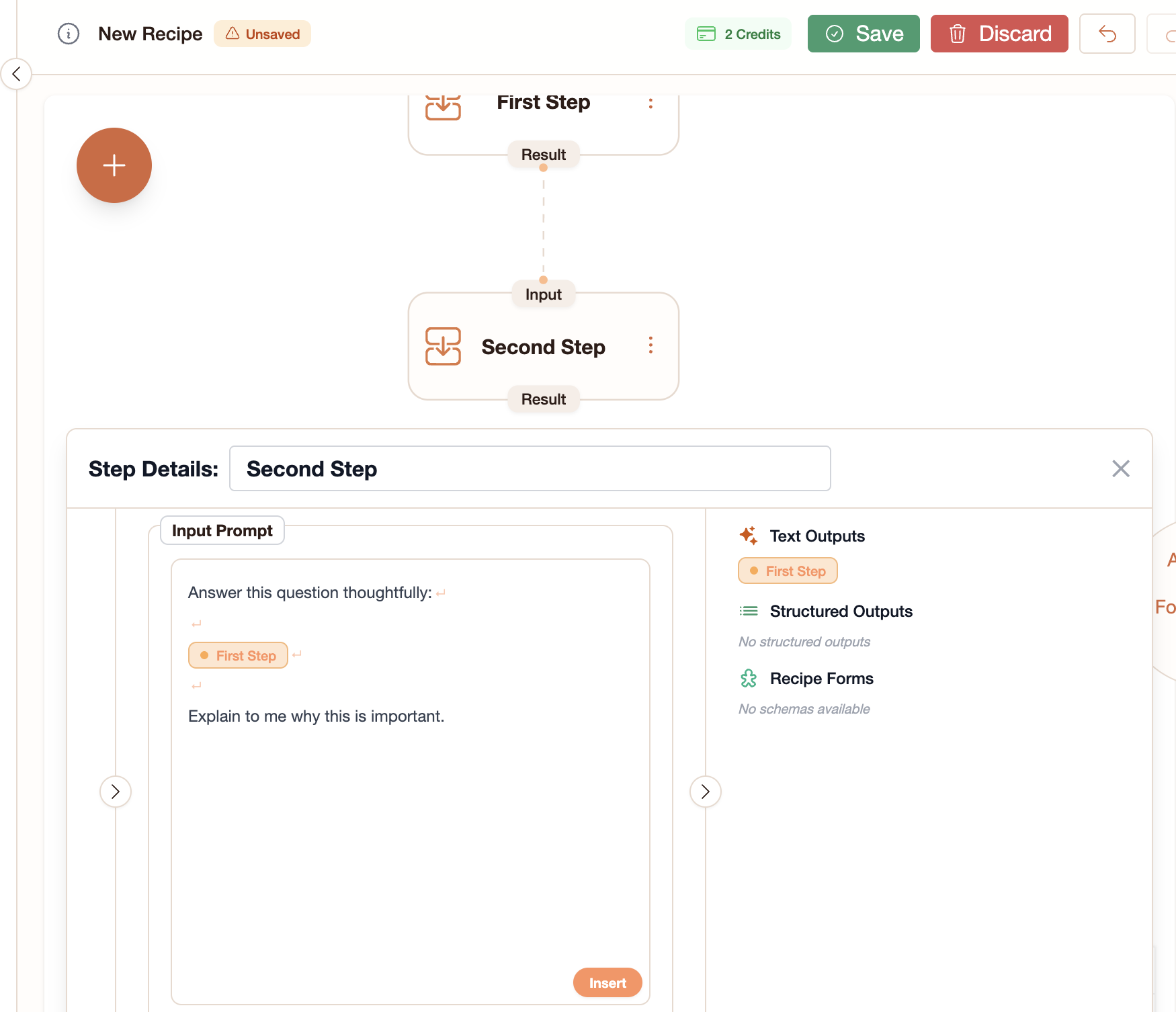 Ask AI step prompt field with an orange token pill from the Input step