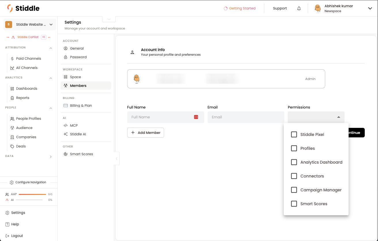 Settings → Members with the permissions list