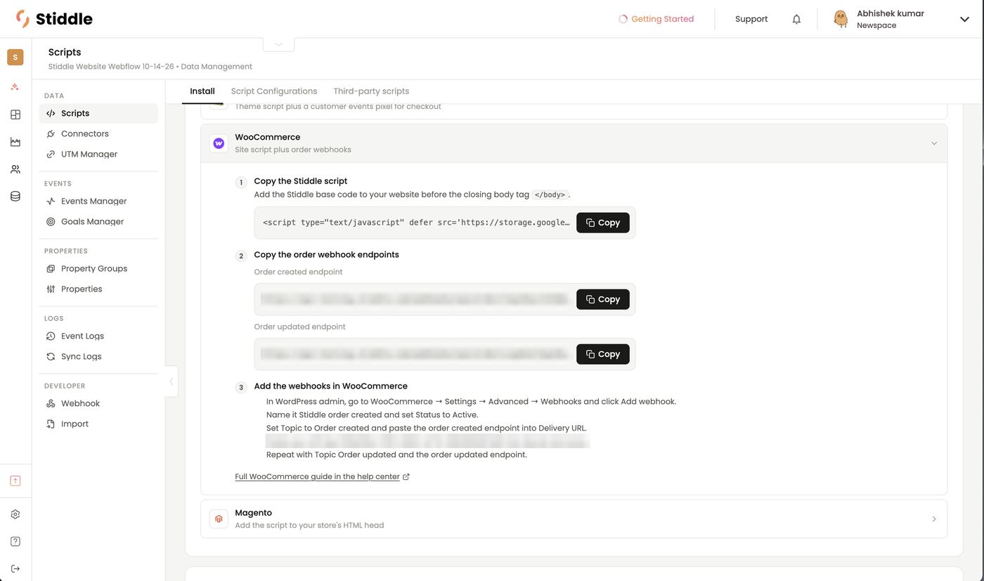 Install — WooCommerce (endpoints and key blurred)