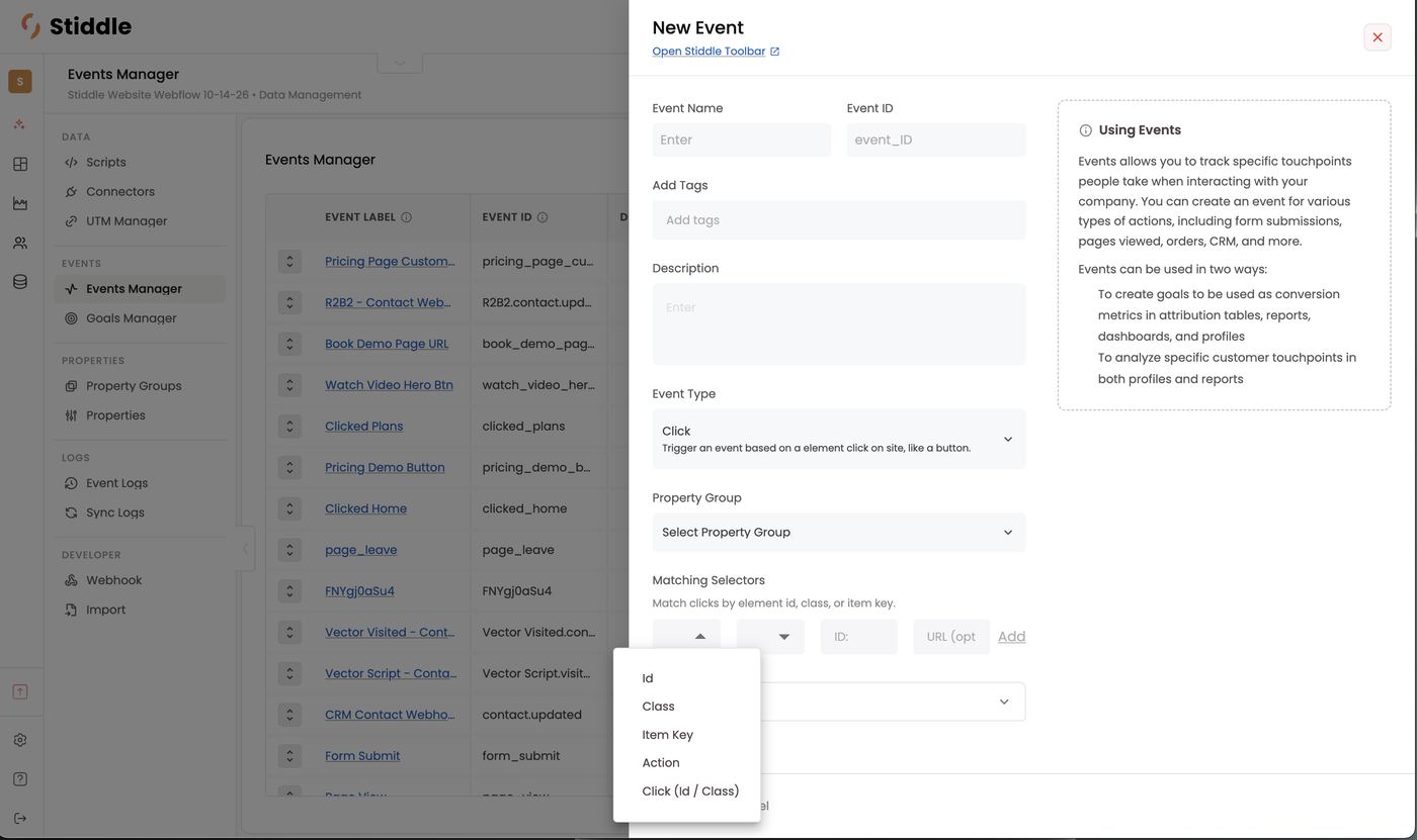 Click event — matching selectors