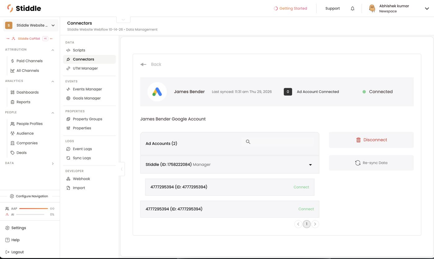 Google Ads ad accounts — MCC dropdown and standard accounts