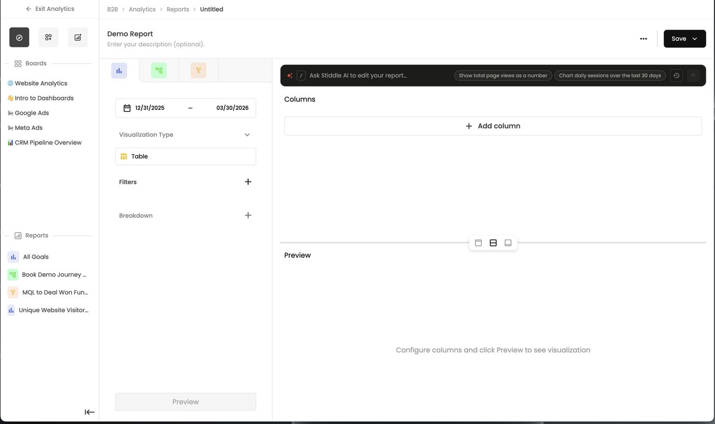 Report builder — date range, visualization, filters, breakdown, AI bar, columns and preview