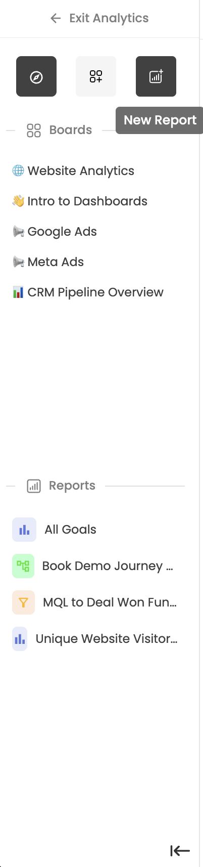 Side panel — New Report, with boards above and reports below