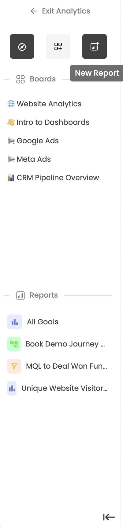 Side panel — New Report, with boards above and reports below