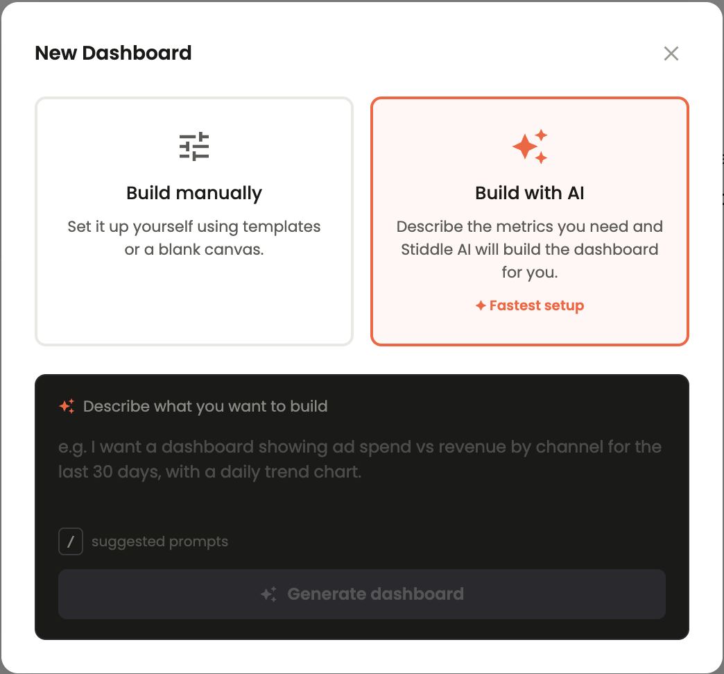 New Dashboard — Build manually or Build with AI
