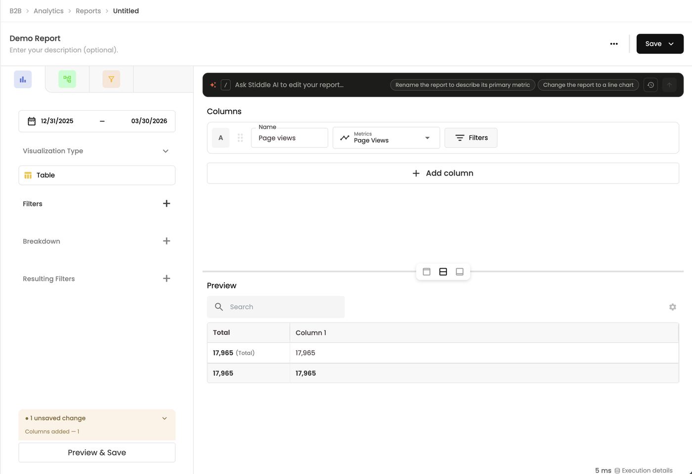 A Page views column, with the unsaved-changes badge