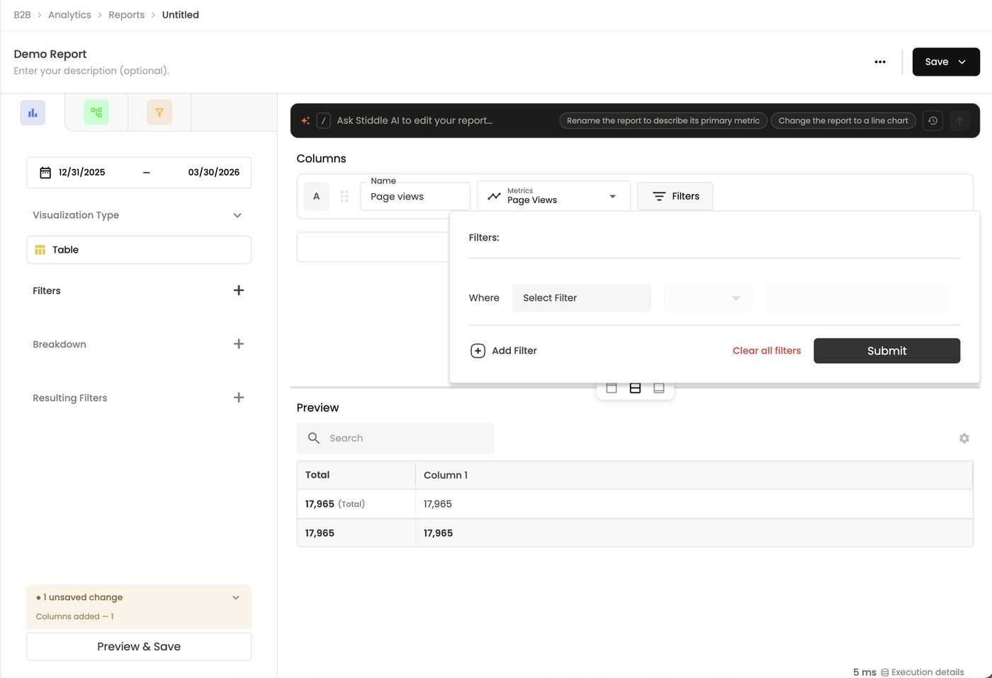 Column filter — Where, operator, value