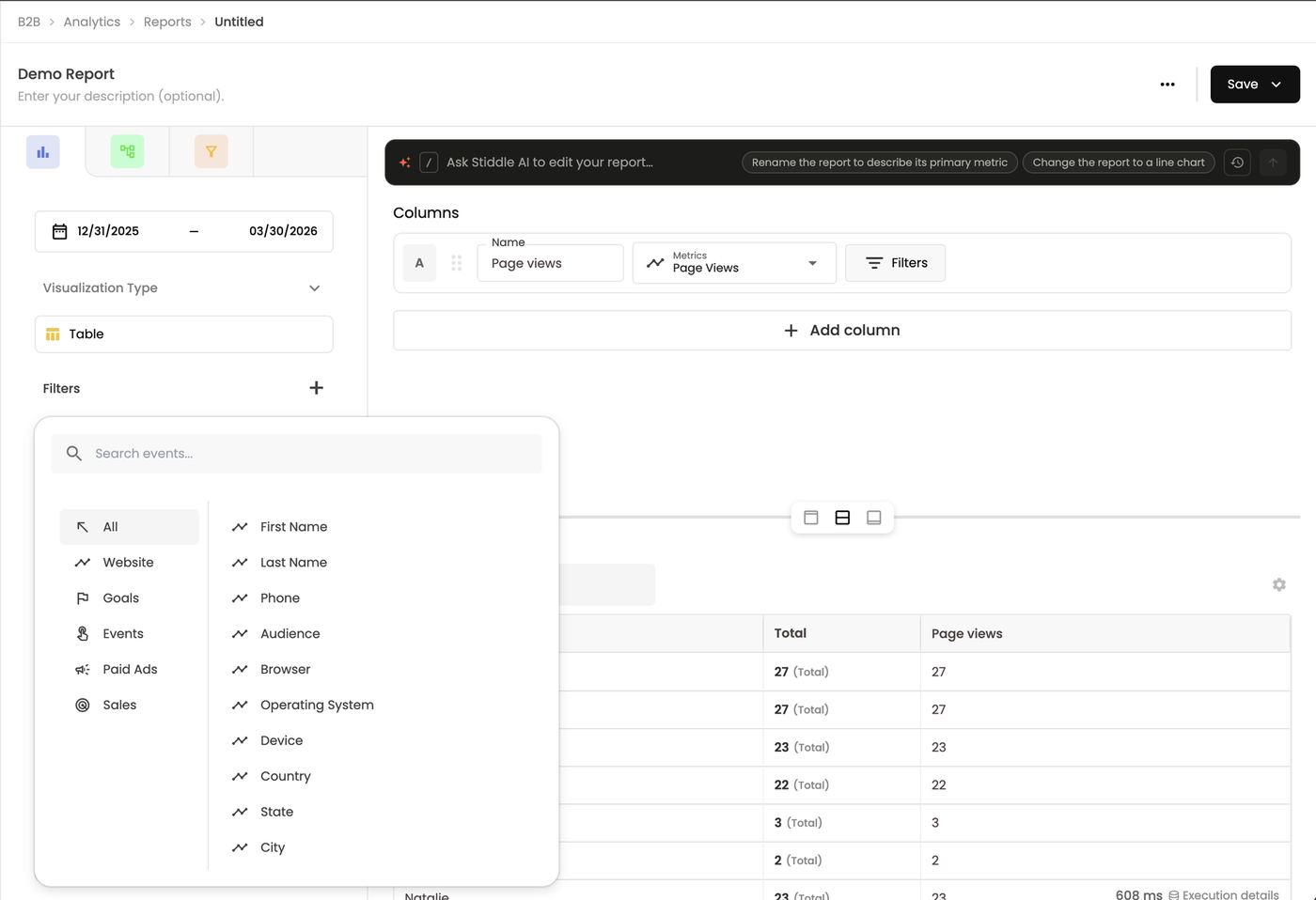Report filter fields