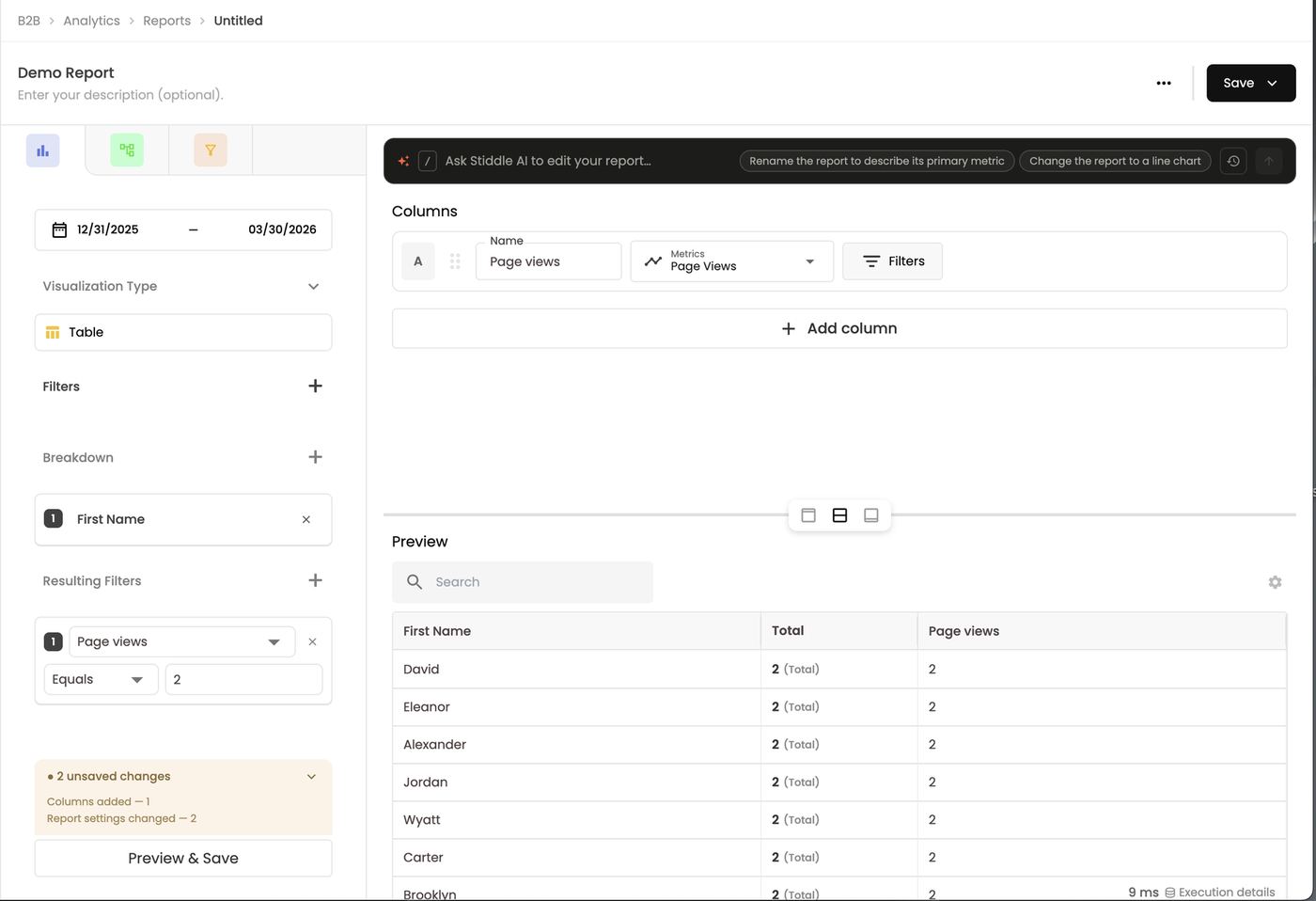 Resulting filter — only people with exactly 2 page views