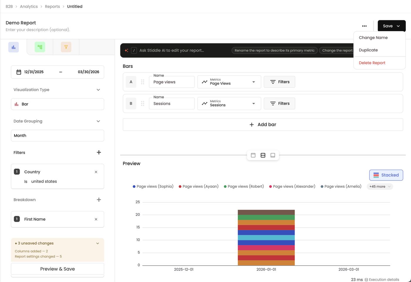… menu — Change Name, Duplicate, Delete Report