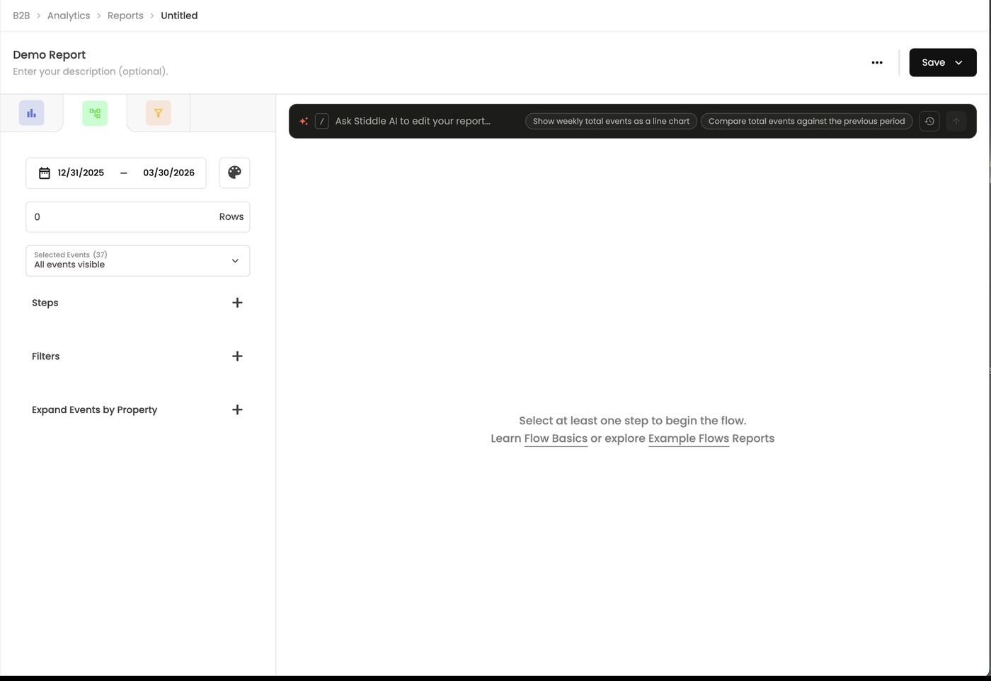Empty flow — select a step to begin
