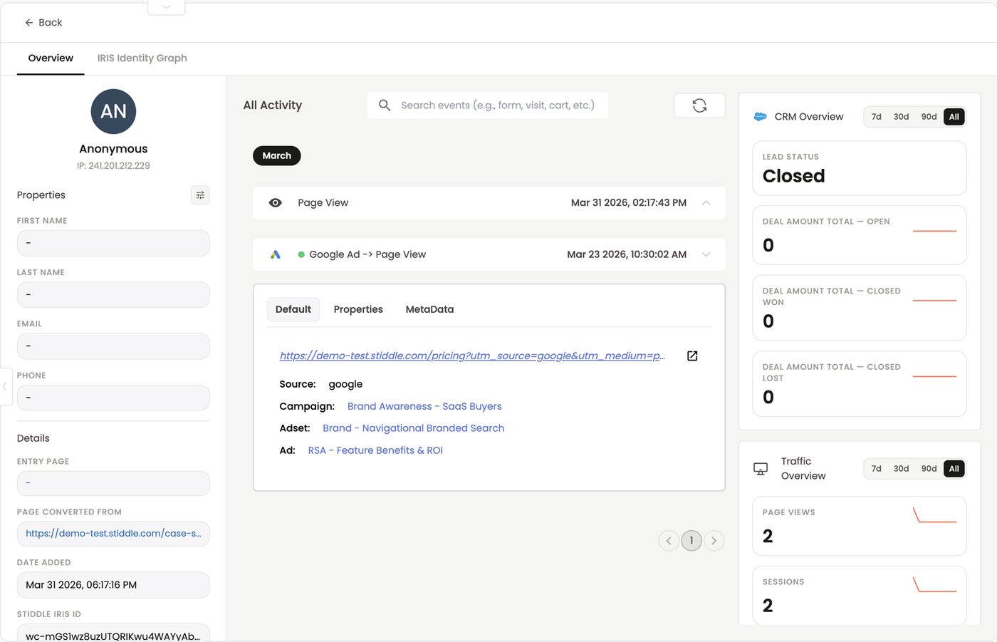 Anonymous profile — first touch from a Google Ad, then a page view