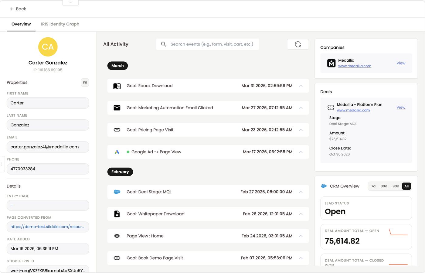 Known B2B profile — activity timeline, company, deal and CRM overview