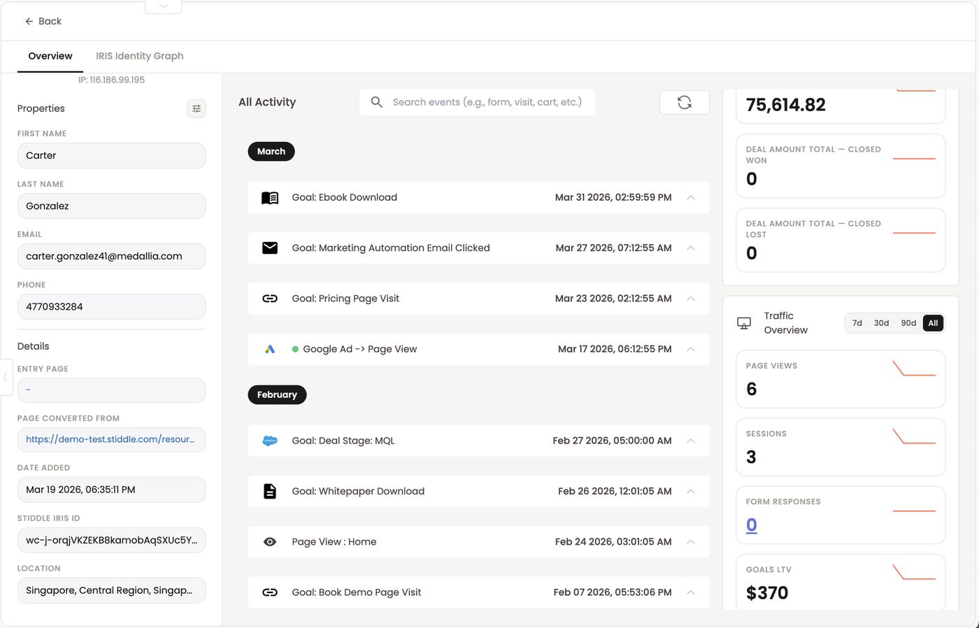 Traffic Overview — page views, sessions, form responses and Goals LTV