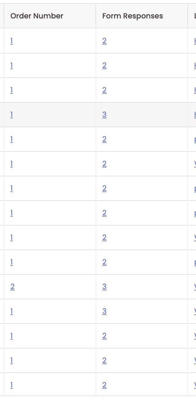 Blue links in the Order Number and Form Responses columns