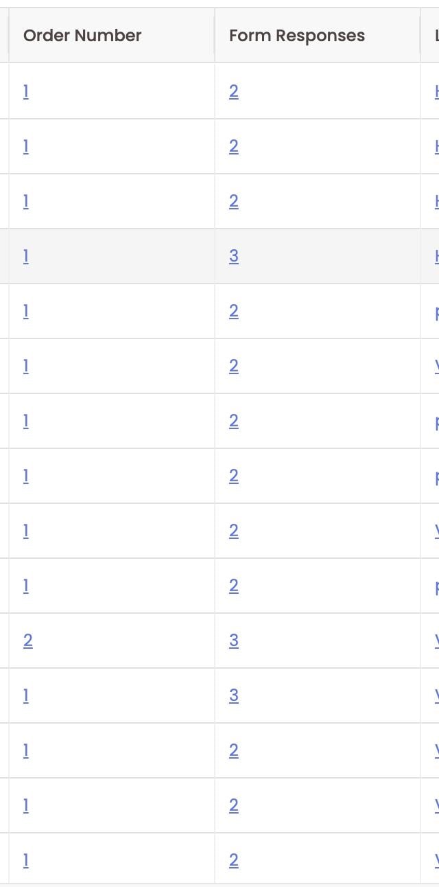 Blue links in the Order Number and Form Responses columns