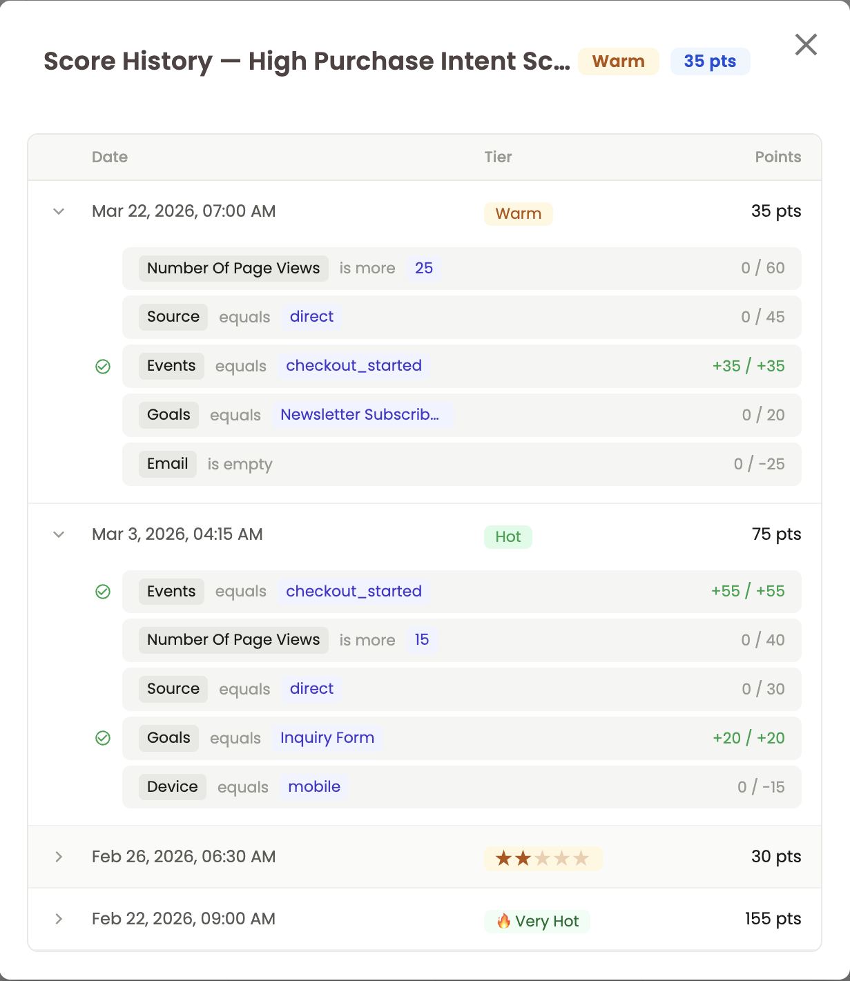 Score History — runs, tiers, points and which signals matched