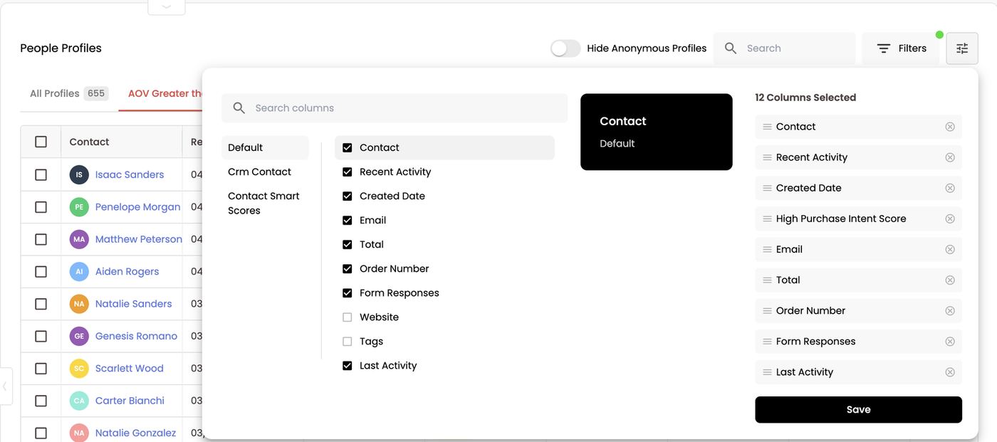 Column picker — Default, CRM and Smart Score columns, drag to reorder