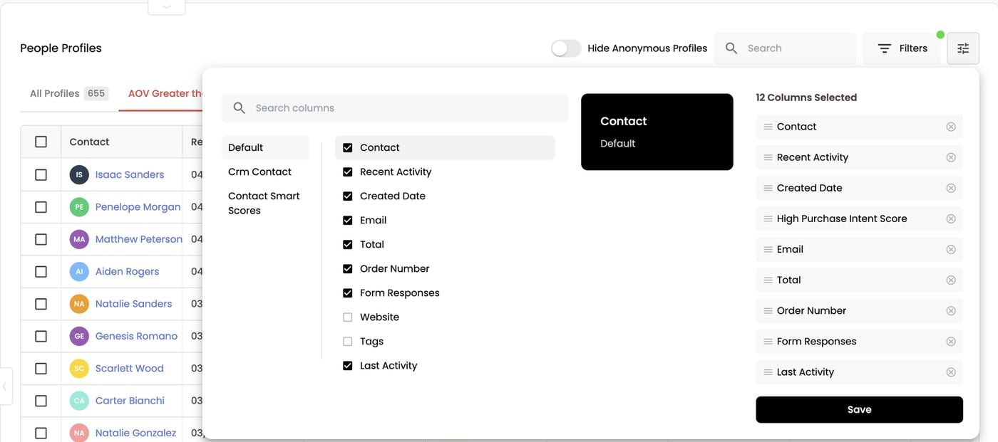 Column picker — Default, CRM and Smart Score columns, drag to reorder