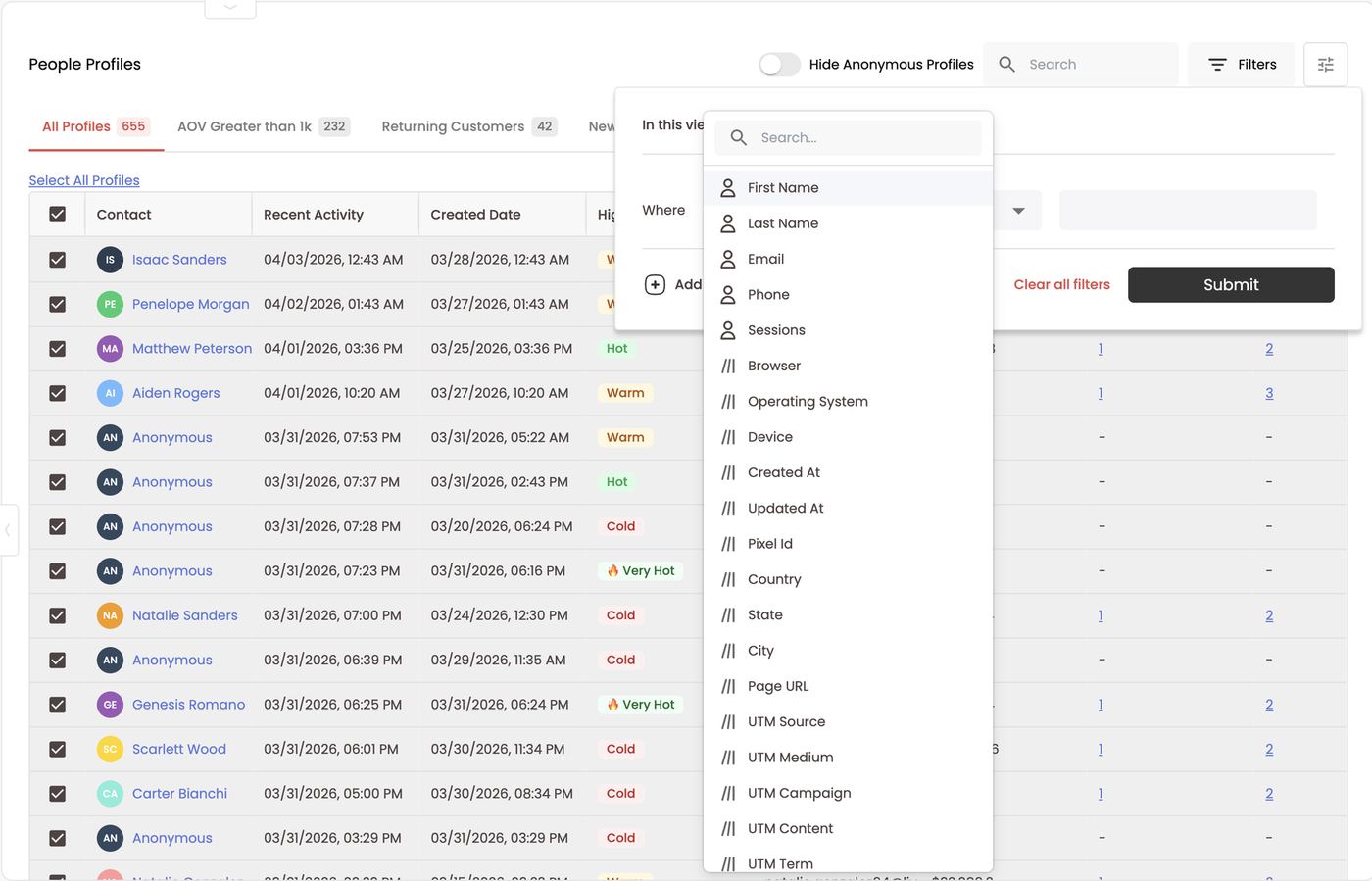 Filter fields — contact, device, location, page and UTM properties
